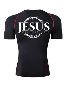 Jesus Athletic Letter Print Short Sleeve Compression Shirt for Men, Fitted Compression Shirts, Gym Performance Workout Fitness Running Tees, Summer Quick-Dry Breathable Round Neck Tight-Fitting T-Shirt Tops, Sportswear, Gym Shirts