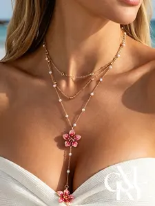 CYL&RY Layered Pearl Flower Lariat Necklace for Women, 3-Layer Chain with Enamel Flower Pendants Faux Pearls, Perfect for Beach Vacations, Summer Outfits, Date Nights, Weddings Tropical Events, Elegant Floral Y2K Jewelry