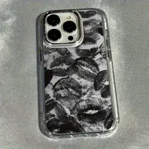 Metal Frame Transparent iPhone Case, Lip Print Pattern Anti-Slip Sturdy Frame Protective Cover, Compatible with iPhone 15 Series, 11/12/13/14/15/16/16ProMax, Accessories