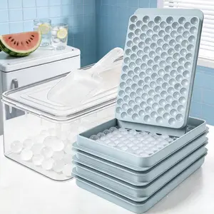 Oillase Mini Round Ice Cube Trays, Plastic Small Pebble Ice Maker for Iced Coffee & Cocktails, Fast Cooling, Easy Release, with Storage Bin & Ice Scoop, 4 Pack - 0.55 Inch, Blue