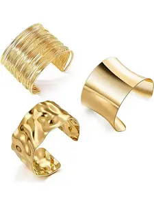 3pcs Chunky Cuff Bohemian Bracelets for Women, Irregular Minimalist Statement Bangle Set, Open Wide Punk Jewelry for Upper Arm