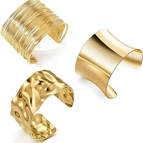 3pcs Chunky Cuff Bohemian Bracelets for Women, Irregular Minimalist Bangle Set, Open Wide Punk Jewelry for Upper Arm, Stackable Bracelets, Fashionable Chunky Bangles, Fashionable Jewelry Accessories, Bracelet Stacks
