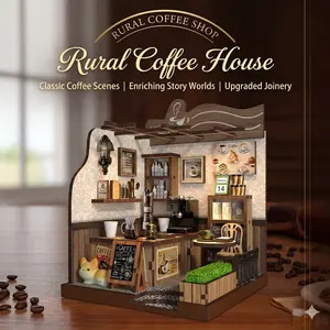 Book Nook Kit, DIY Rural Coffee House Miniature House Kit for Bookshelf Decor, 3D Wooden Puzzle Booknook Dollhouse with LED Light, Ideal Gift for Adults & Beginners, Family and Friends