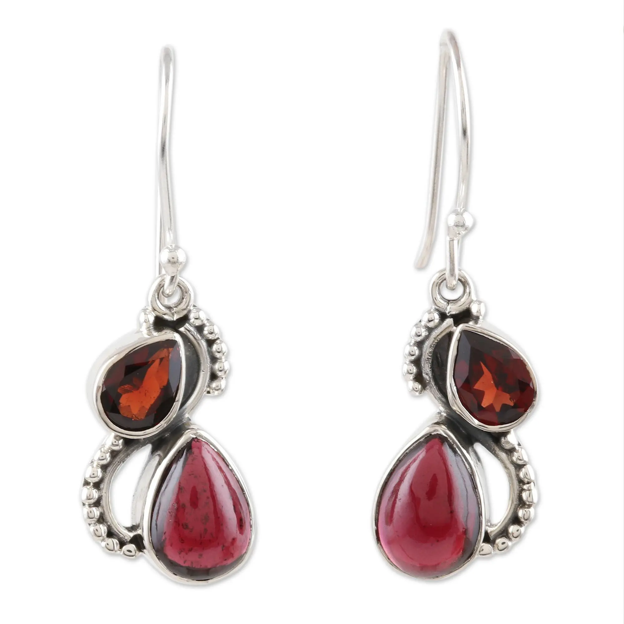 Novica Artisan Handmade Garnet Dangle Earrings | Faceted Cabochon Sterling Silver | India Gemstone Birthstone | 'Fireglow' | 1.4" L X 0.4" W X 0.3" D