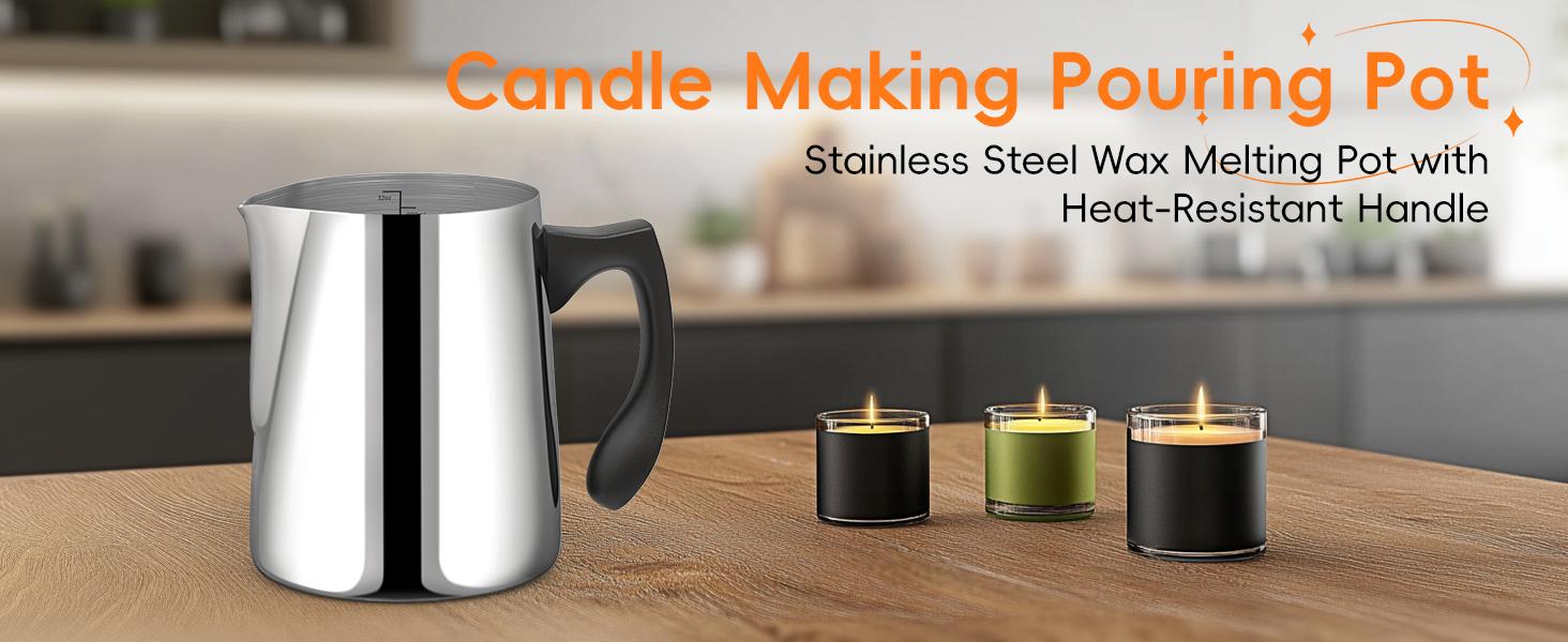 32 oz Stainless Steel Double Boiler Wax Melting Pitcher for Candle Making, Pour Pot with Heat Resistant Insulated Grip, Drip-Free Spout to Prevent Spills & Mess, Ounces
