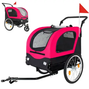 2-in-1 Black Red Steel 600D Oxford Pet Bike Trailer Stroller, Rectangular Foldable Pet Carrier Cart with 20 Inch Air-Filled Wheels, 110Lbs High Load Bearing Breathable Mesh PVC Rain Cover Outdoor Pet Travel Gear