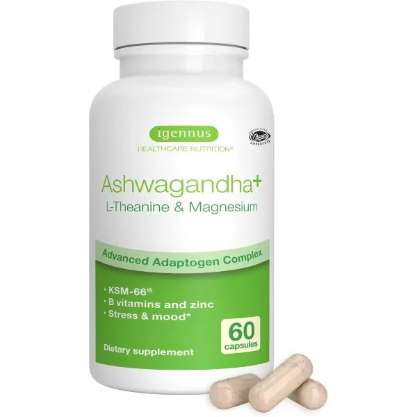 High Strength Ashwagandha KSM-66 Supplement with Magnesium & L-Theanine, 3-in-1 Stress Relief, Calm, Relaxation & Recovery Formula, Fast-Acting, Clean Label, 60 Capsules