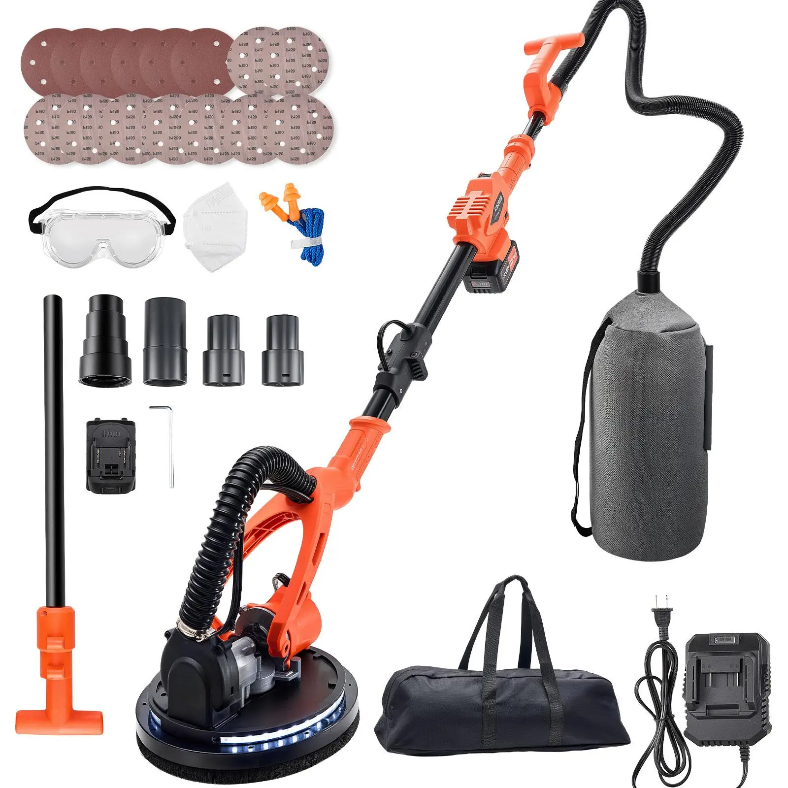 VEVOR Cordless Drywall Sander, 450W Electric Sander, Popcorn Ceiling Removal Tool with Vacuum Dust Collection, 7 Variable Speed 0-1600 RPM, LED Light, Foldable & Extendable Handle, 15 Sanding Discs,sohochic