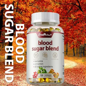 Coolkin Blood Sugar Blend Capsules support healthy blood sugar levels. 120 capsules, each containing nutrients such as Vitamin D, thiamine, niacin, folic acid, and Vitamin B12.