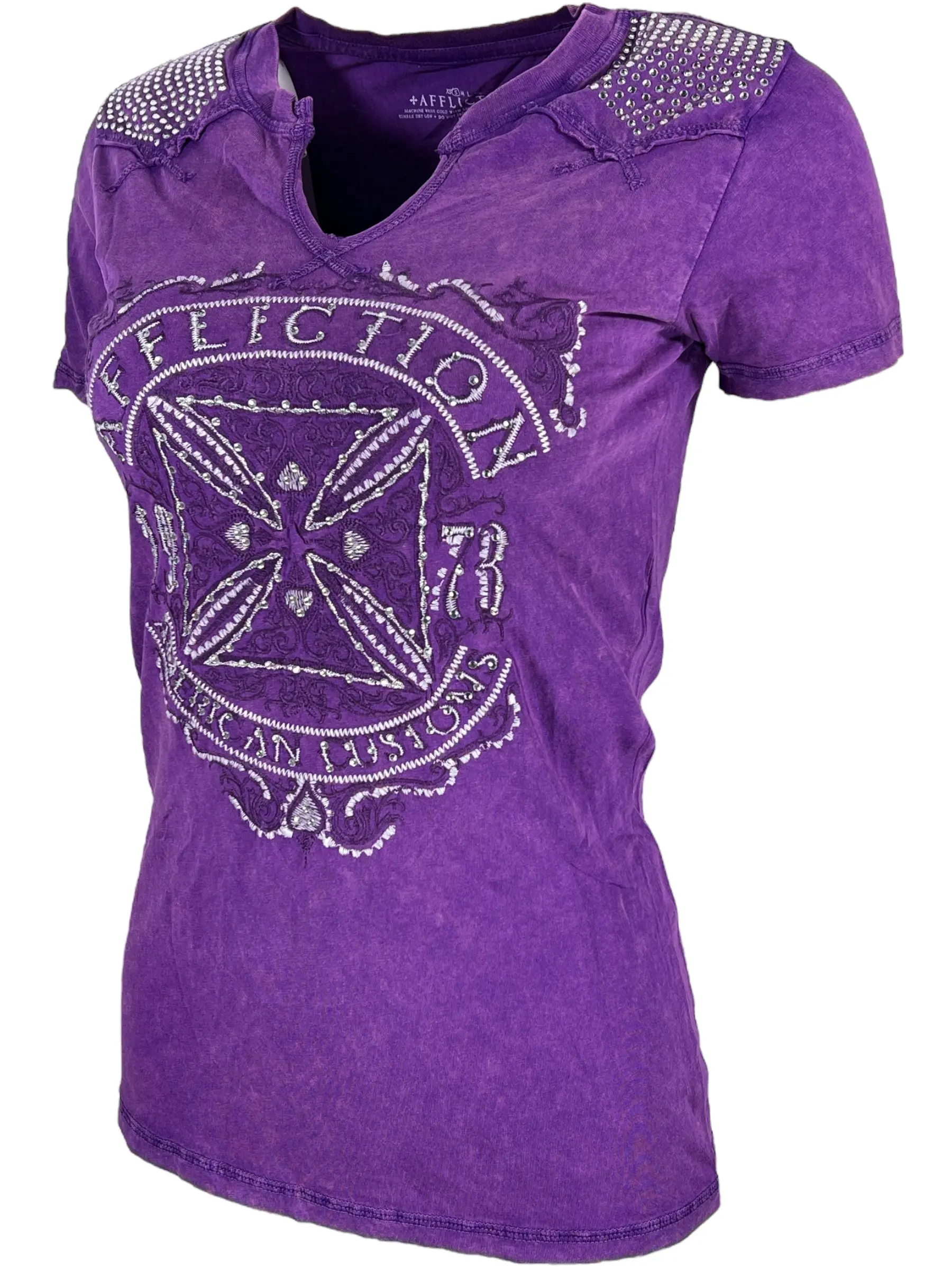 Affliction Women's Gothic Purple V-Neck 100% Cotton Shortsleeve T-Shirt - USA-Made, Slim-Fitting, Biker Dark Aesthetic, Front & Back Graphic Print, Casual Pull-On Top for All Seasons