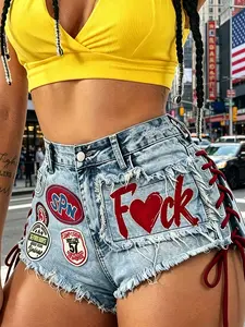 Retro Y2K Low Rise Side Tie Denim Shorts Frayed Hem Emblem Detail Sexy Baddie Shorts Summer Vacation Tummy Control