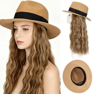 MY-LADY 16inch Straw Sun Hat With Hair Synthetic Wavy Hair Wigs Detachable Cap Wide Brim for Women