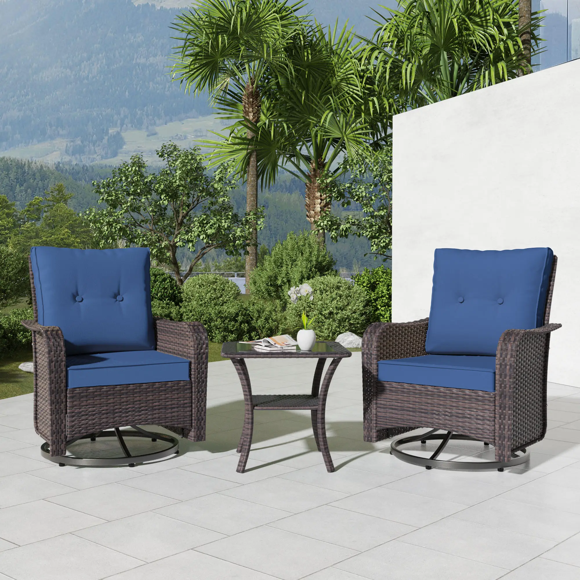 3 Pieces Patio Furniture Set,Outdoor Swivel Rocking Chairs Porch Furniture Patio Rattan Chairs with Table Lounge Modern