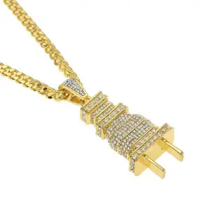 MICRO DIAMOND PLUG NECKLACE Hand Crafted PVD Plated 18k Yellow Gold VVS Diamond Simulates Pendant 3cm Height Fashion Jewelry