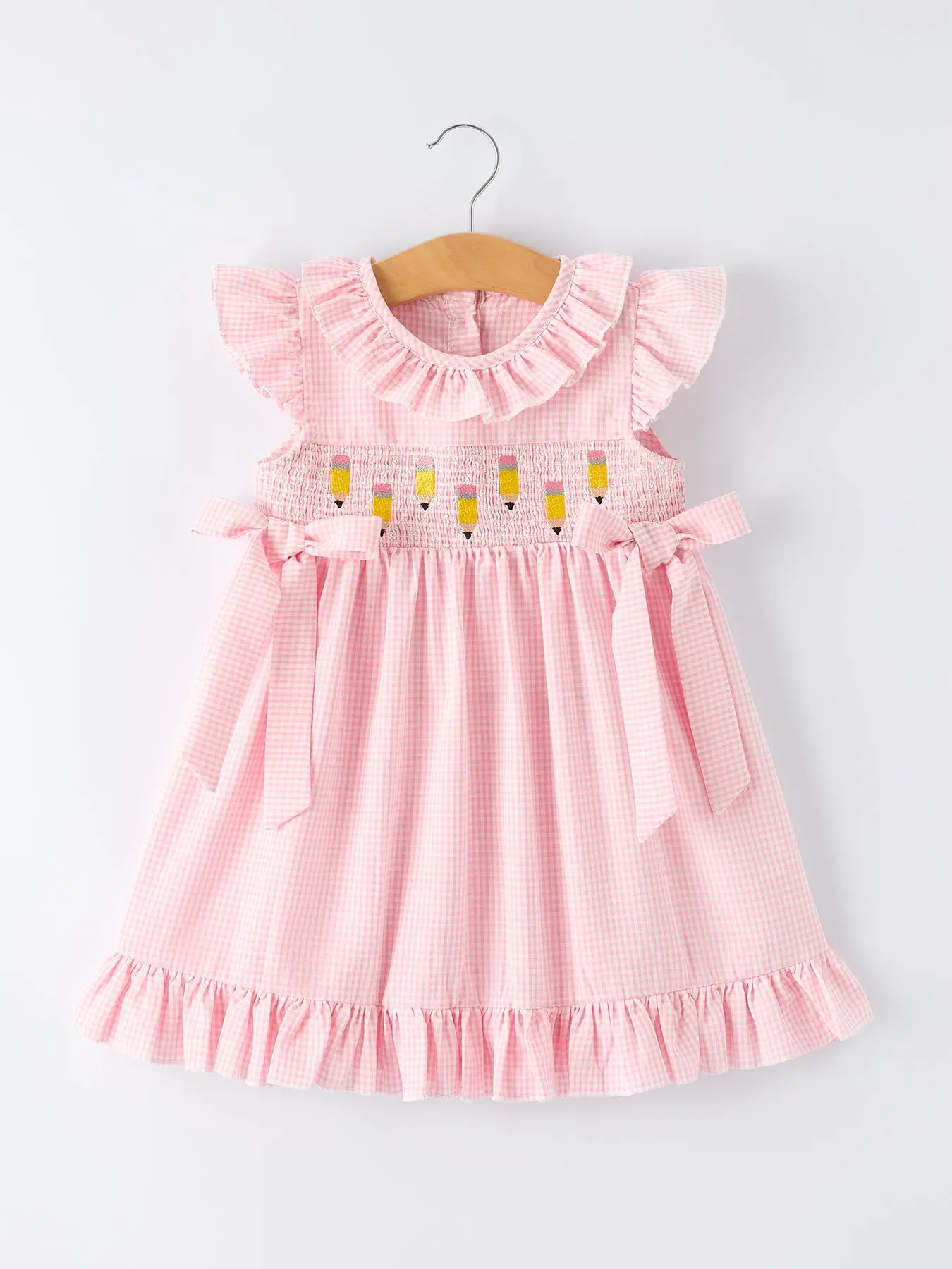 Back to School Pencil Plaid Girls Smocked Ruffle Collar Dress