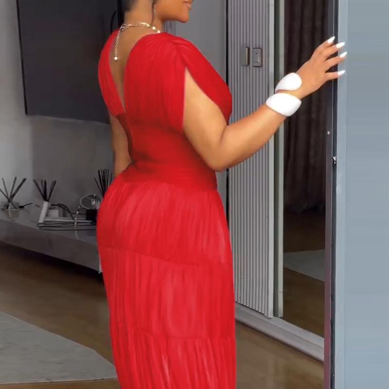 ChicMe Textured V Neck Sleeveless Valentine's Day Ruched Ruffles Hem Dress Casual Waist A Line Party Midi Dress for Wedding & Wedding Guest