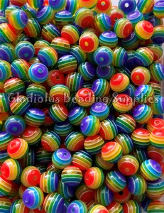 12mm Rainbow Striped Beads, Round, Loose, 0.47 inches, Chunky, Gumball