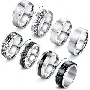 CASSIECA 8 Pcs Stainless Steel Rings for Men High Polished Mens Band Wedding Engagement Fidget Rings Vintage Spinning Rings Size 7-13 Men's Accessories