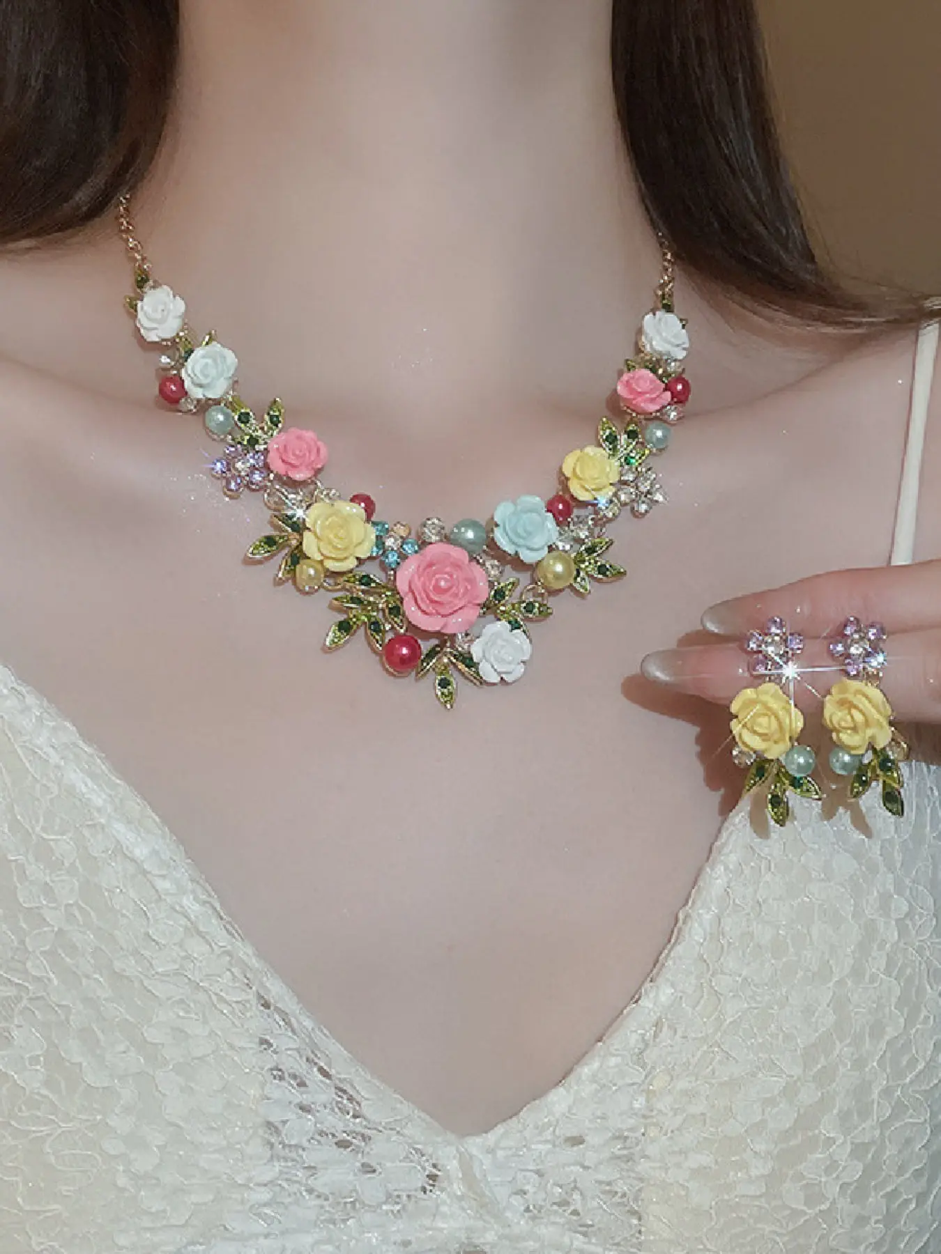 Sweet Flower Leaf Rhinestone Pearl Necklace Set, Elegant Choker Chain for Women, Trendy Jewelry, Party Wedding Holiday Wear, Dainty Necklace