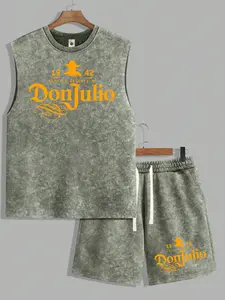 Men’s summer DonJulio letter-print washed cotton streetwear set featuring a crewneck tank top T-shirt and shorts—a casual two-piece for commuting and leisure, 2000s style. Suitable for running, golf, fishing, basketball, camping, gym, swimming, and the be