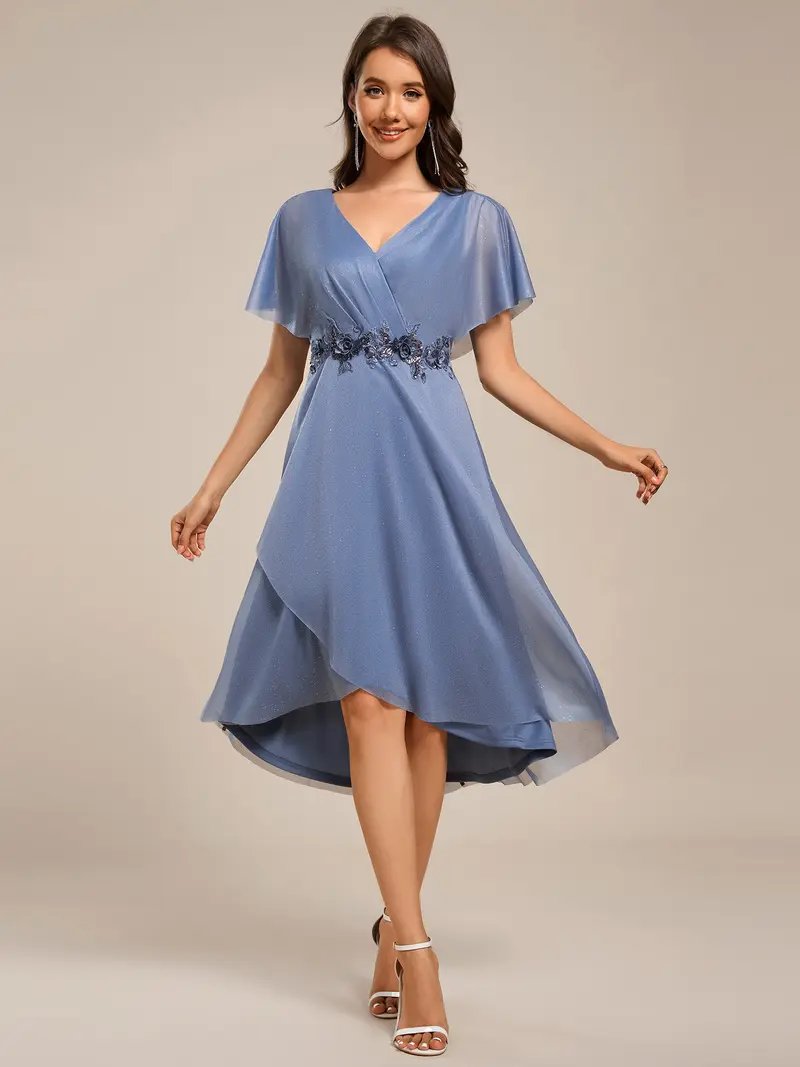 open lace back dress Leely Women Blue Tiered Bridesmaid Dress with Flower Chiffon A-Line Wedding  Guest Dress – leelyuk main image 0