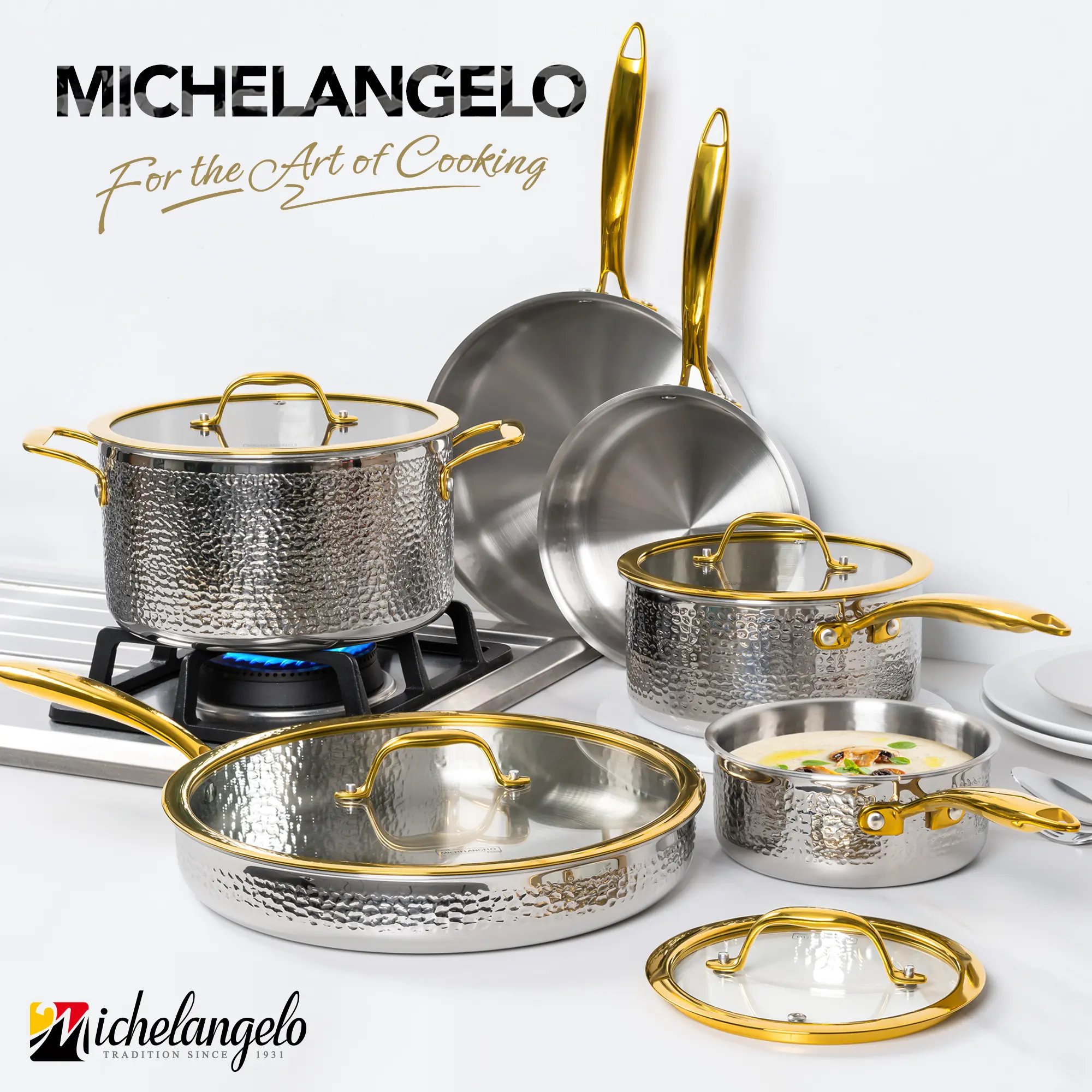 Michelangelo Triply Stainless Cookware Set 10 Piece Hammered