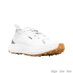 Off-White Runners with Light Gray-Silver Structural Heel Collar & Warm Tan Outsole Featuring Deep Brown Multi-Depth Groove Tread — Synthetic Mesh, Contoured EVA Midsole