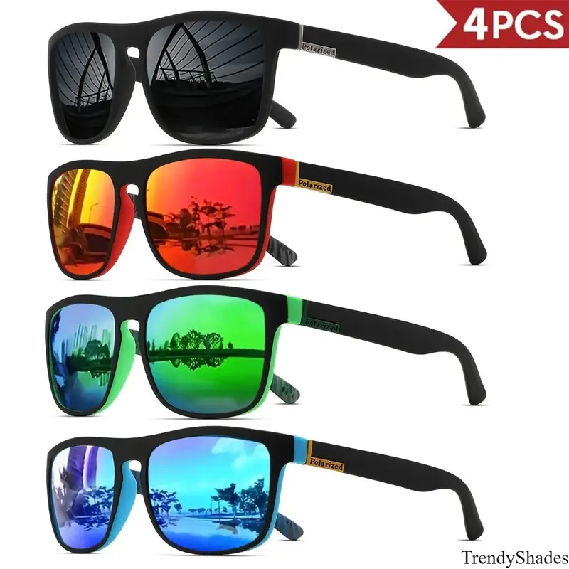 Unisex 4-Pack Classic Square Sports Sunglasses - Polarized UV400 Lenses, Lightweight PC Frame, Outdoor Sports Equipment for Driving, Fishing