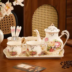 Elegant 10pcs Floral Porcelain Tea Set, Includes Teapot, Cups, Spoons & Tray, Perfect for Home Decor, Hostess Gifts & Tea Party