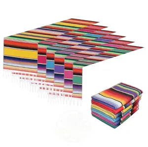 Mexican Zarape Runner Pack of 6 Classic Striped Table Runner with Fringe Decorative for Party Events 14x84 Inches Premium Cotton Vibrant Colors