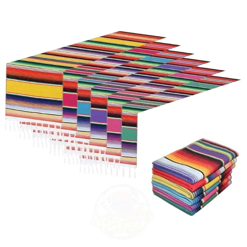 Mexican Zarape Runner Pack of 6 Classic Striped Table Runner with Fringe Decorative for Party Events 14x84 Inches Premium Cotton Vibrant Colors