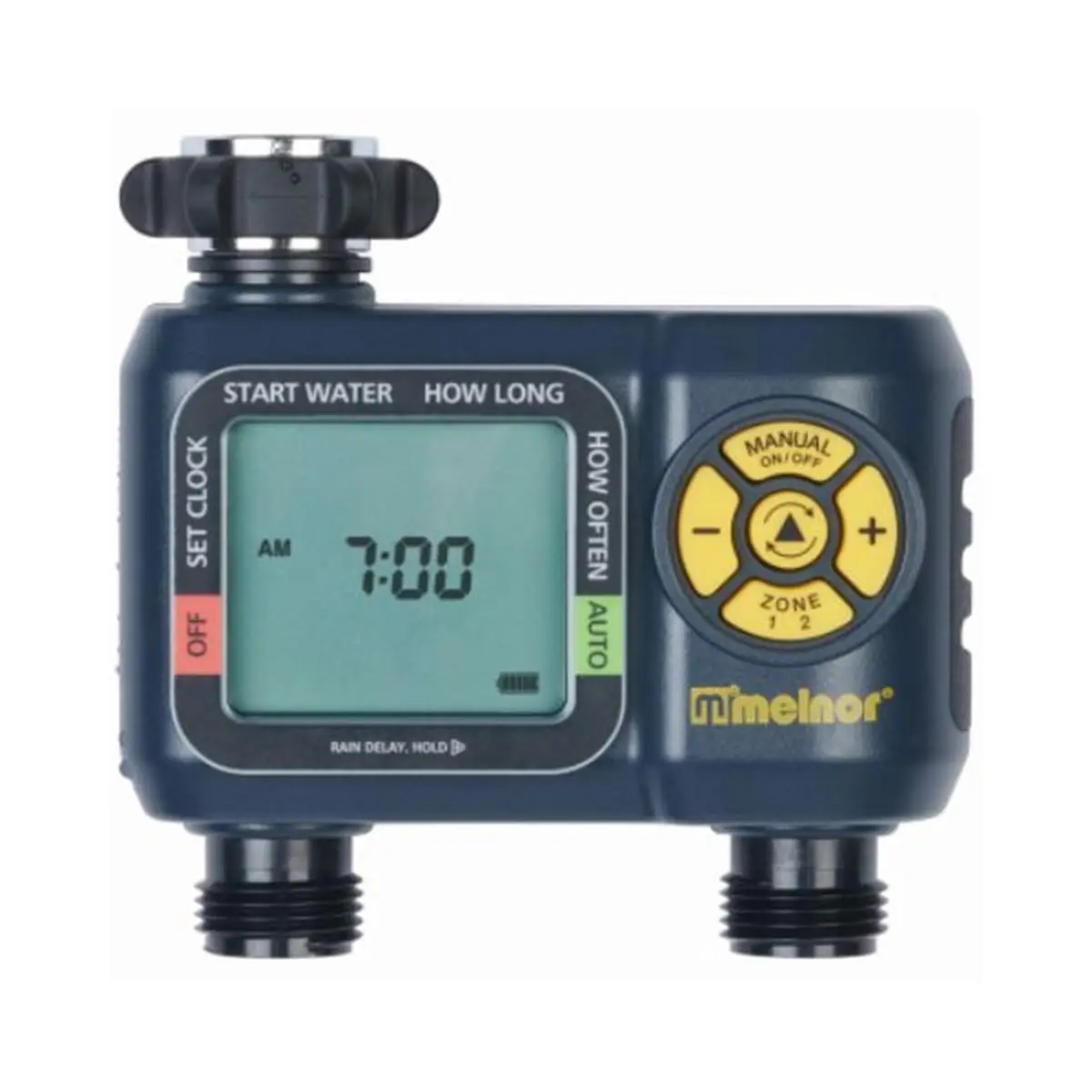 Melnor 110378 Dual Zone Water Timer - Adjustable Watering Settings, LCD Screen, Manual Control, Rain Delay, 0.88 lbs, Batteries Included (Home Improvement Garden Watering & Irrigation Tool)