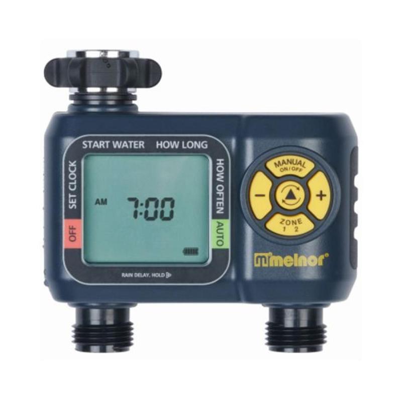 Melnor 110378 Dual Zone Garden Water Timer - Automatic Watering, Manual Watering Control, LCD Screen, Rain Delay, 0.88 lbs, 2 AA Batteries Included, Green Thumb Home Improvement Irrigation Equipment for Outdoor Gardens