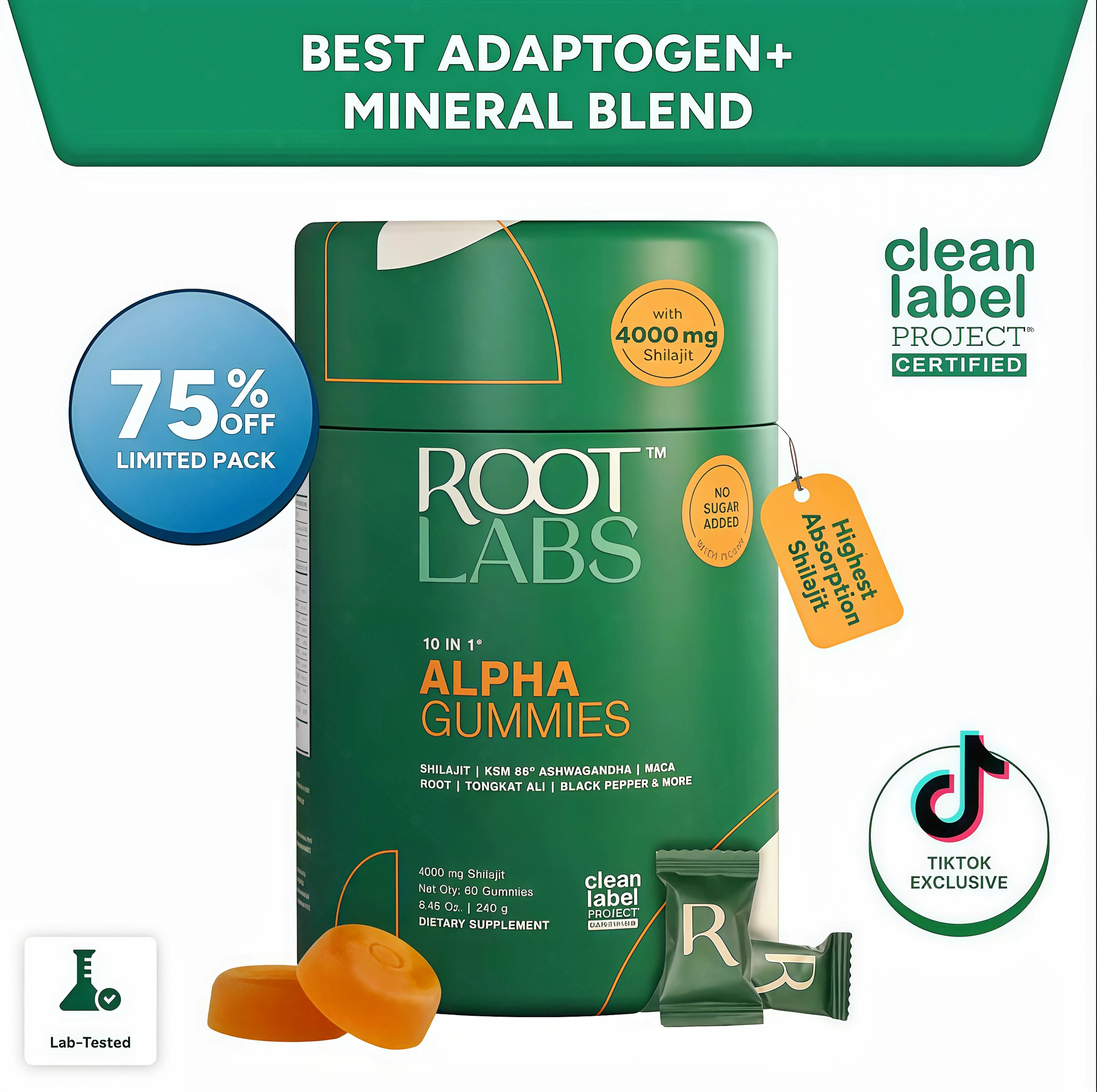 Root Labs Alpha 10-in-1 Shilaiit Gummies 4000 mg Holiday Gift UY-Ready Energy Stamina & Focus Zero Sugar KSM-66 Ashwagandha, Tongkat Ali, Maca Vegan 60 Count Vitamin Supplement