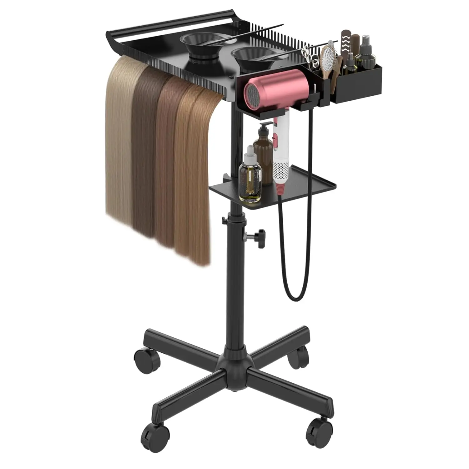 Hairstylist Tray on Wheels, Rolling Salon Tray with Holder and Hair Separator Stand, Salon Trolley Adjustable Tray With Storage Platform Dye Bowls and Tools for Hair Stylist