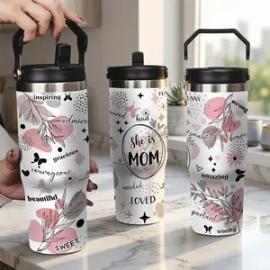 Inspirational Mom Straight Skinny Tumbler, Pink Boho Flower Design Stainless Steel Travel Water Bottle with Straw, Best Mom Ever Commemorative Gift, Mother's Day Gifts for Women