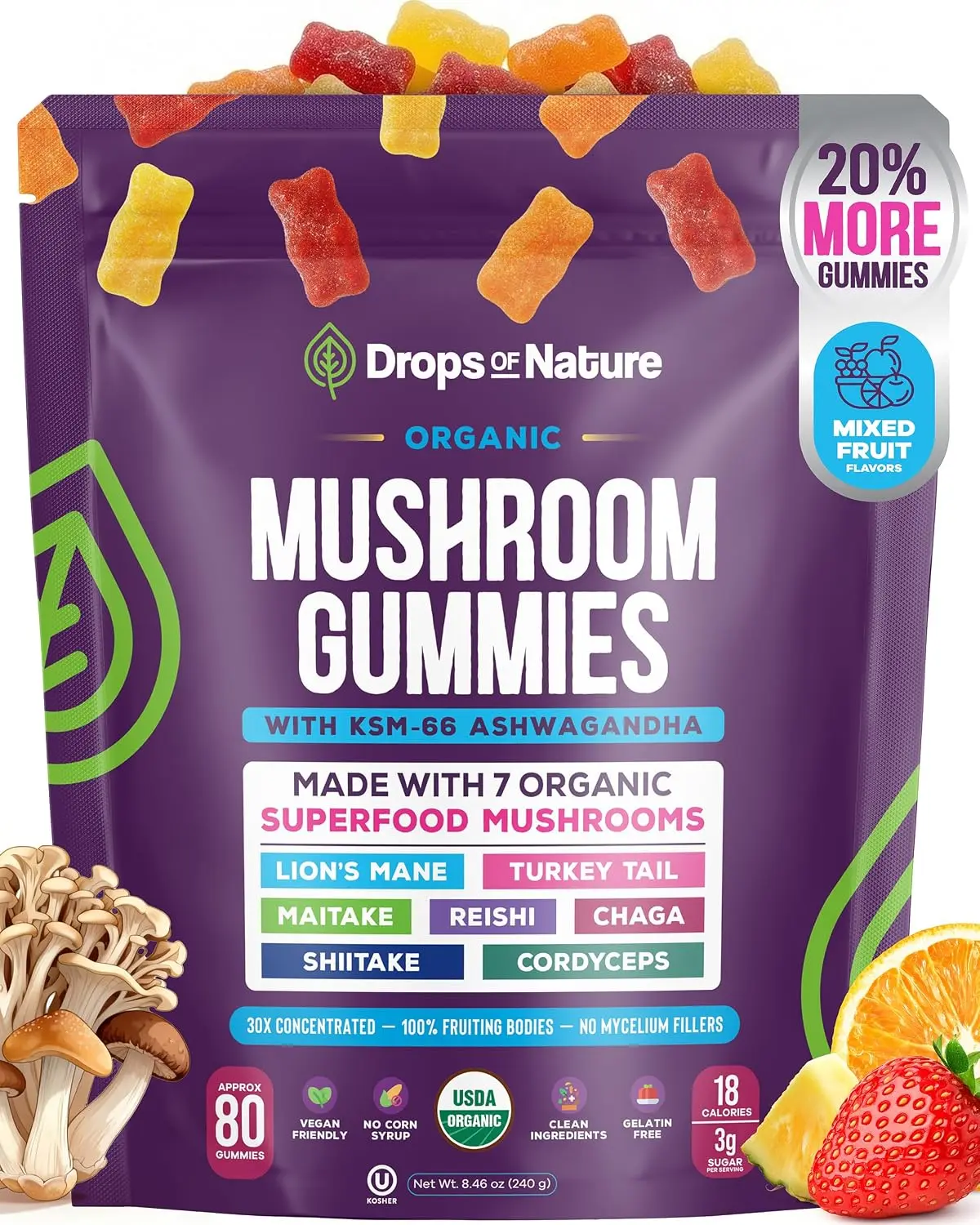 Organic Mushroom Gummies & Ashwagandha - Mixed Berry, 80 ct | KSM-66 Ashwagandha Gummies with 7 Superfood Mushroom Lions Mane Reishi Turkey Tail Chaga & More, Low Carb Vegan, Gelatin-Free Vitamin