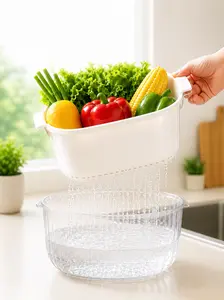 2-in-1 Fruit & Vegetable Washing Basket with Drain Bowl Stackable Kitchen Colander for Rinsing Draining Storage Quick Drain Design Save Space Food Grade Material