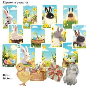52pcs Colorful Easter Postcard set (12 Cards+40 Sealing Stikers) Rabbit Easter Themed with Colorful Egg, Bascket., Floral Sunshine, Bule Sky Patterns Suitble for Holidy Decor Flag, DIY Craft, Album Decor, Greeting Cards DIY