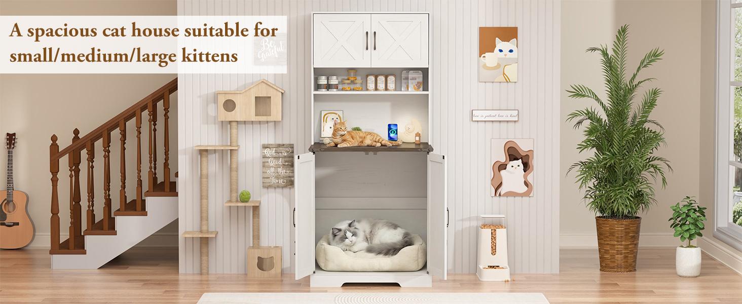 71" Tall Wooden Cat Litter Box Enclosure | Power Outlets + Open Shelves + Locks | Hidden Pet Washroom Cabinet (Brown, Living Room/Bedroom)