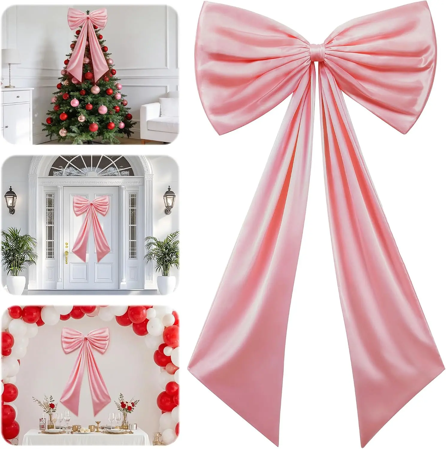 Large Bow Decor - Champagne Pink, 40x24" - Giant Fancy Satin Fabric Ribbon Decoration for Door, Wall, Arch & Backdrop - Coquette Decorative Bow for Nursery, Bedroom, Party & Wedding - by Zoe Deco