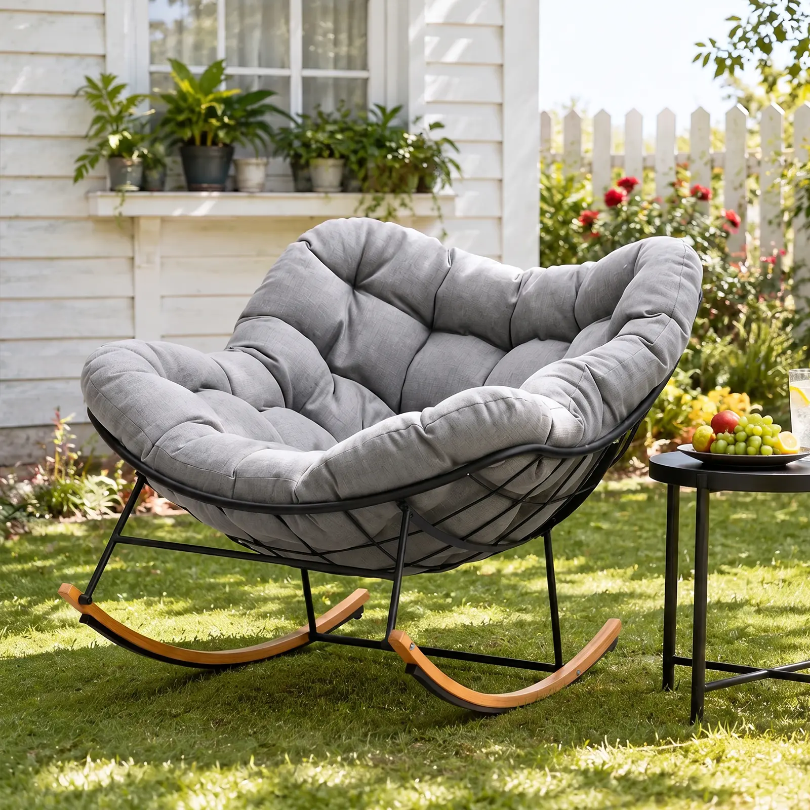 Indoor Outdoor Papasan Rocking Chair with Thick Cushion, E-Coated Steel Frame Lounge Rocker for Patio, Porch, Balcony, Garden and Living Room