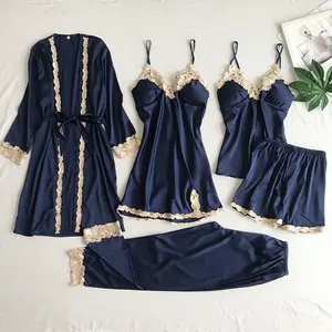2025 New Silk Sexy Camisole Pajama Set with Chest Pads, Gold Floral Five-Piece Thin Homewear Loungewear Nightwear
