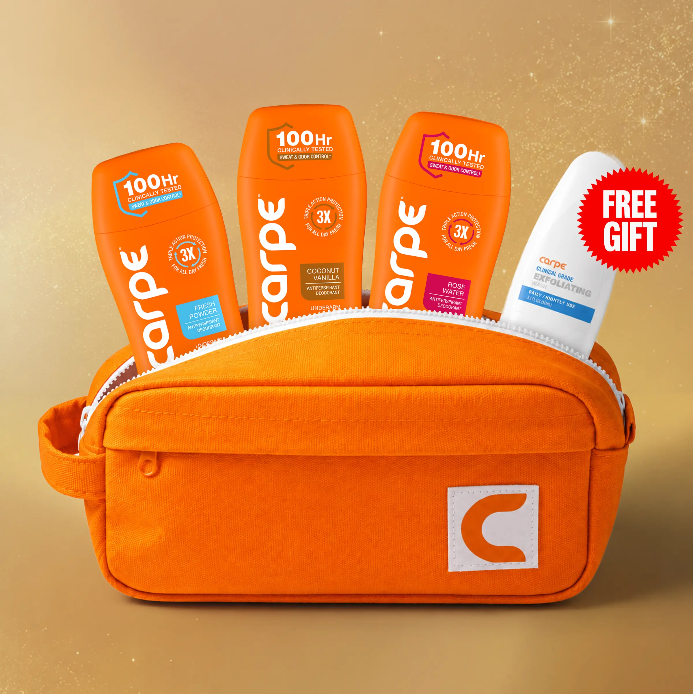 Carpe Starter Pack Bundle with Toiletry Bag and Free Exfoliating Wash - 100Hr Sweat and Odor Control Deodorant Antiperspirant - Baking Soda Free -