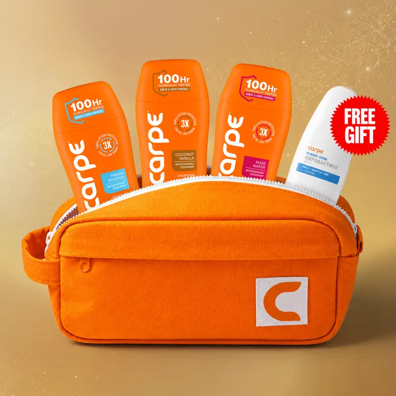 Carpe Starter Pack Bundle with Toiletry Bag and Free Exfoliating Wash - 100Hr Sweat and Odor Control Deodorant Antiperspirant - Baking Soda Free -