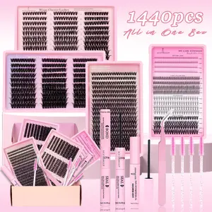 1440pcs Mixed Length False Eyelashes Gift Box Set, Lashes Extension Kit, Natural Look Lash Extension, Includes Bottom Lash Clusters, D Curl, Includes Bond&Seal &Remove&Eyelash Tweezers &Brush, Eyelash Extension Glue