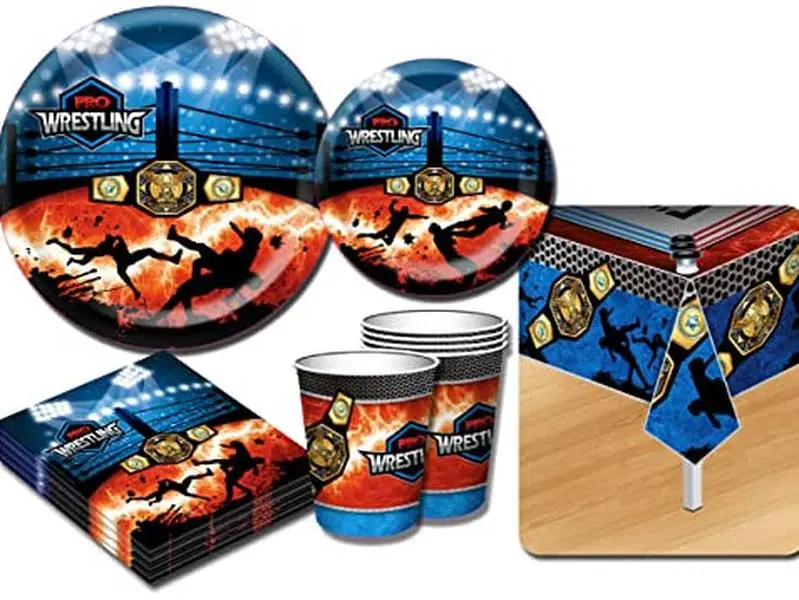 Deluxe Wrestling Theme Party Supplies Pack for 20 People by Matty's Toy Stop: 82 Piece Disposable Pack with Large Plates, Small Plates, Napkins, Cups & 2 Leak-Proof Table Covers