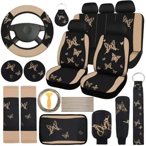 Butterfly Pattern Car Interior Decoration Set, Car Seat Cover & Steering Wheel Cover & Cup Pad & Keychain & Coasters & Seat Belt Shoulder Pads, Car Accessories