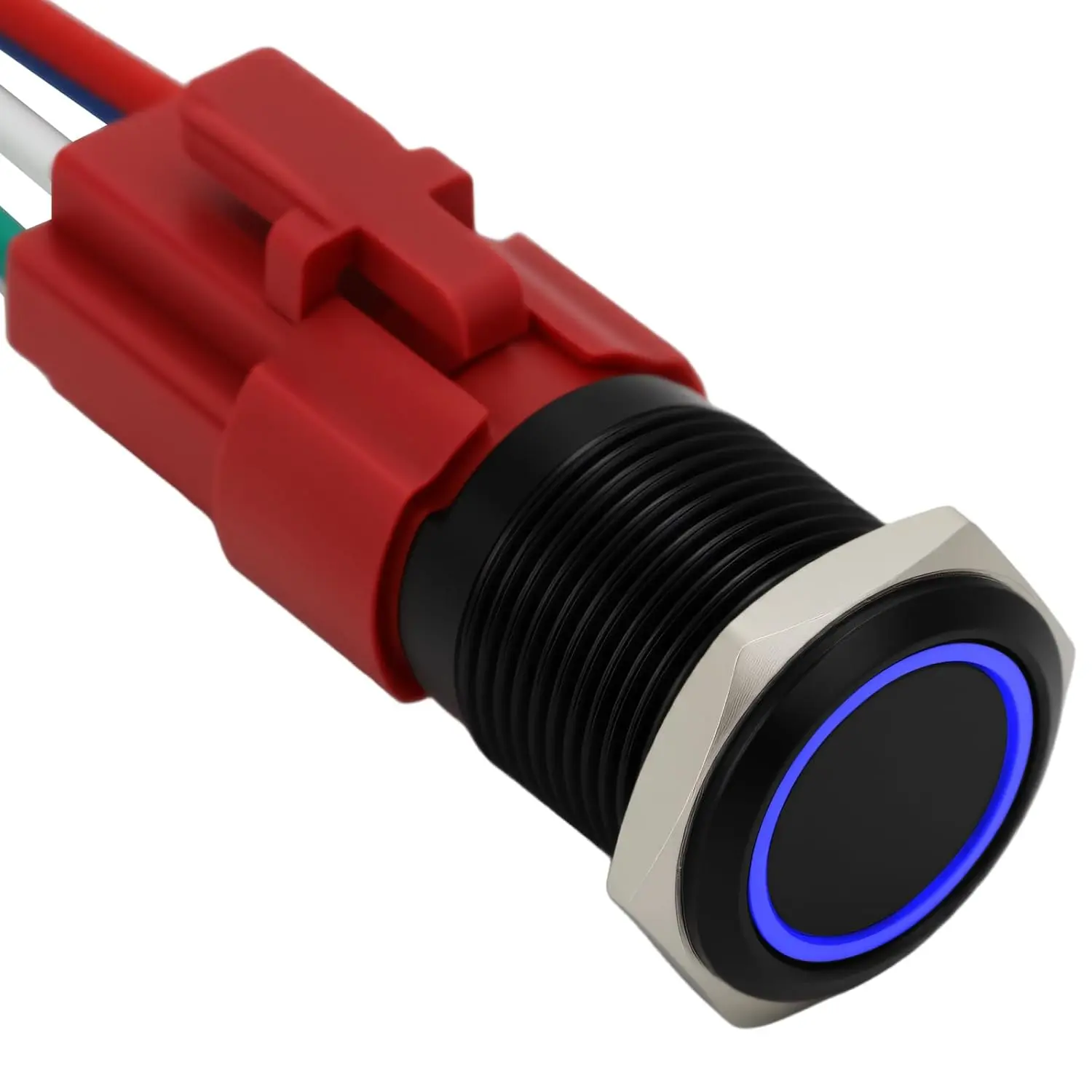 16mm Latching Push Button  12V DC  Off Self-Locking with LED Angel Eye  for 0.63" Mounting Hole with Wire Socket Plug (Black Shell Blue LED), 0.63''/16Mm, Led Light