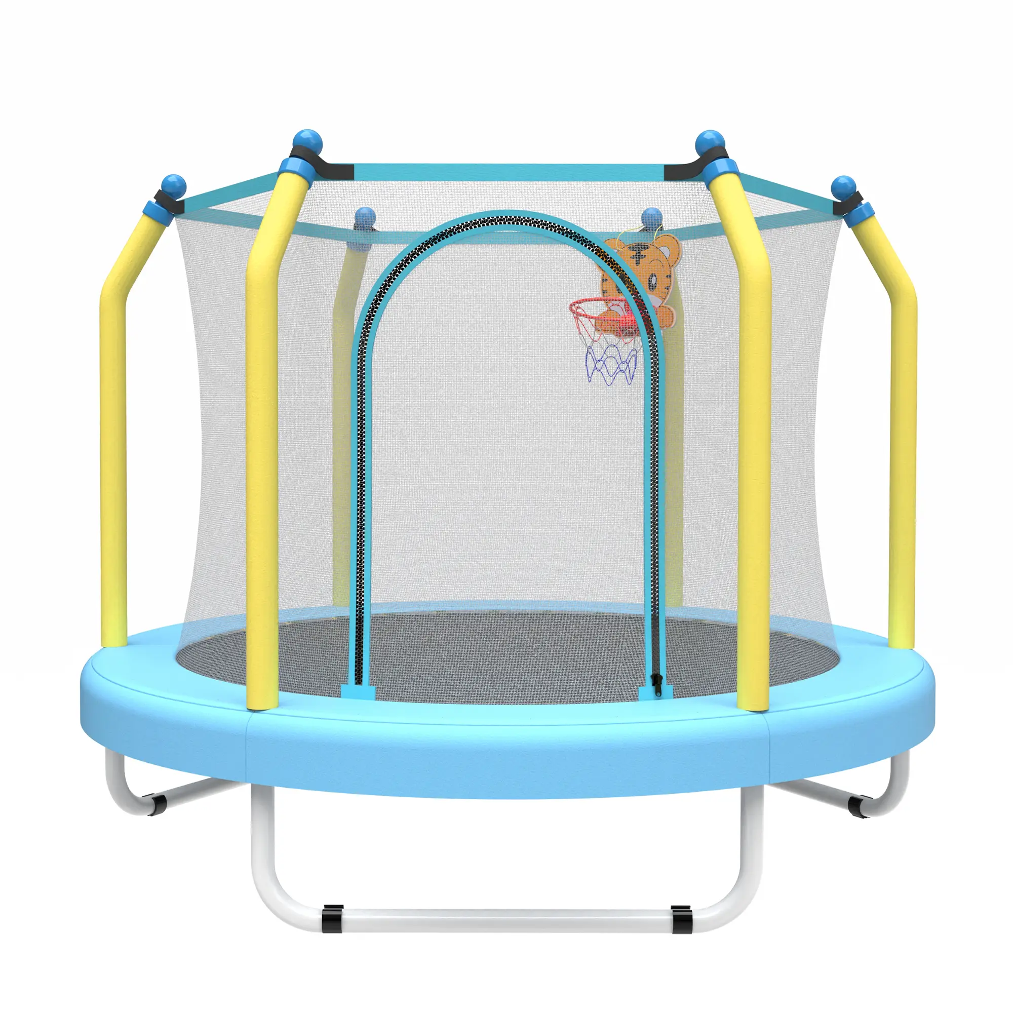 55-Inch Toddler Trampoline with Basketball Hoop and Enclosure Net, Indoor Outdoor, ASTM Approved, 30 Springs, 110 Lbs Capacity, Blue Metal Frame